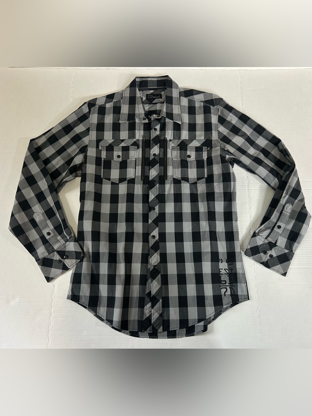 7 Diamonds Mens Shirt Black & Gray Plaid Button-Down Zipper Pockets
